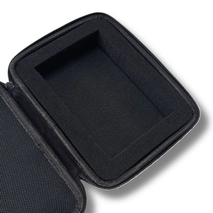 Black hard-shell travel case with a clear lid on a white background